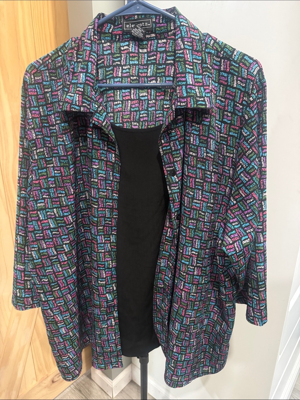 Elementz Black Open Blazer with Teal Purple and Pink Geo Print